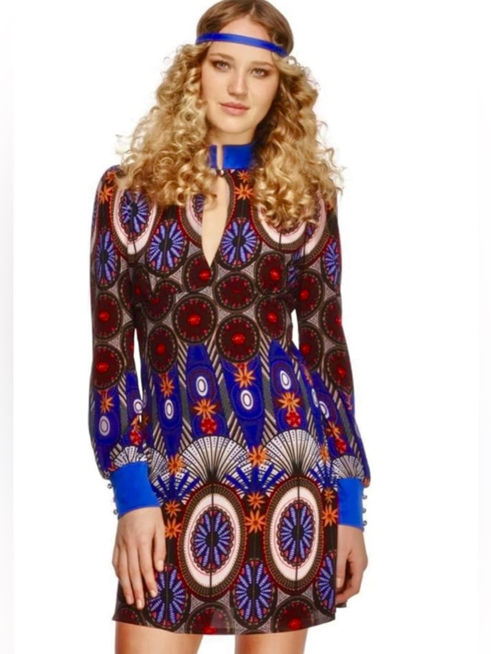 Fever Blue Mosaic-Print Long Sleeve 1970s Style Mini Party Dress, Size Medium
